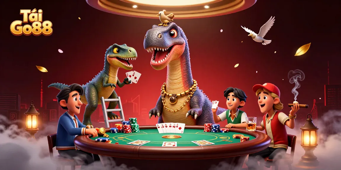 Tải Go88 with a dynamic casino scene showcasing playful dinosaurs engaging in poker.