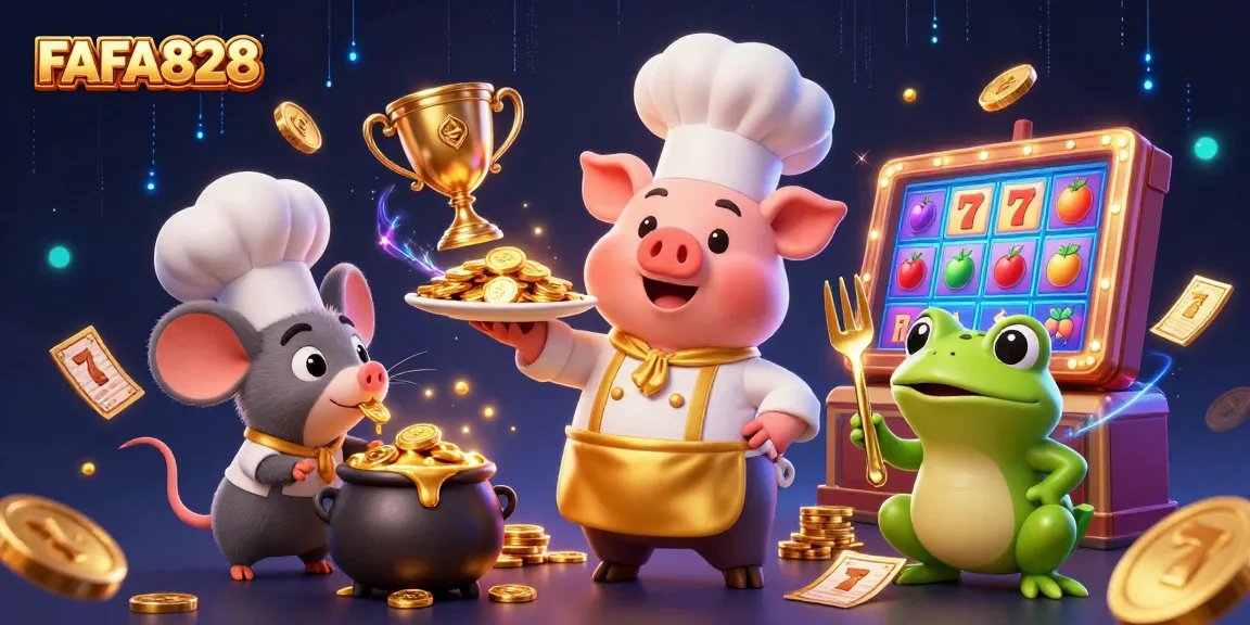 Play and win with FAFA828's exciting slots as a pig chef serves gold coins!