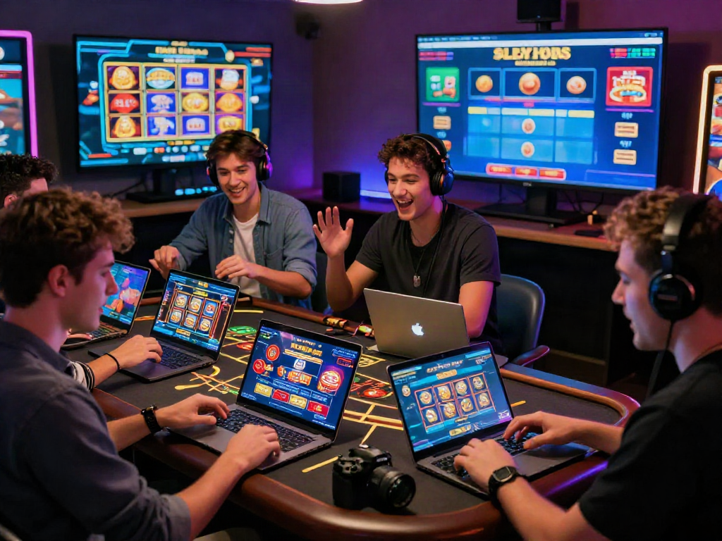 Exciting group of friends enjoying casino online games with vibrant graphics and lively atmosphere.