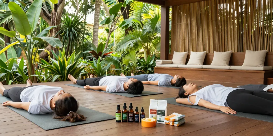 Natural wellness scene featuring muha med CBD products used during yoga in a serene outdoor setting.