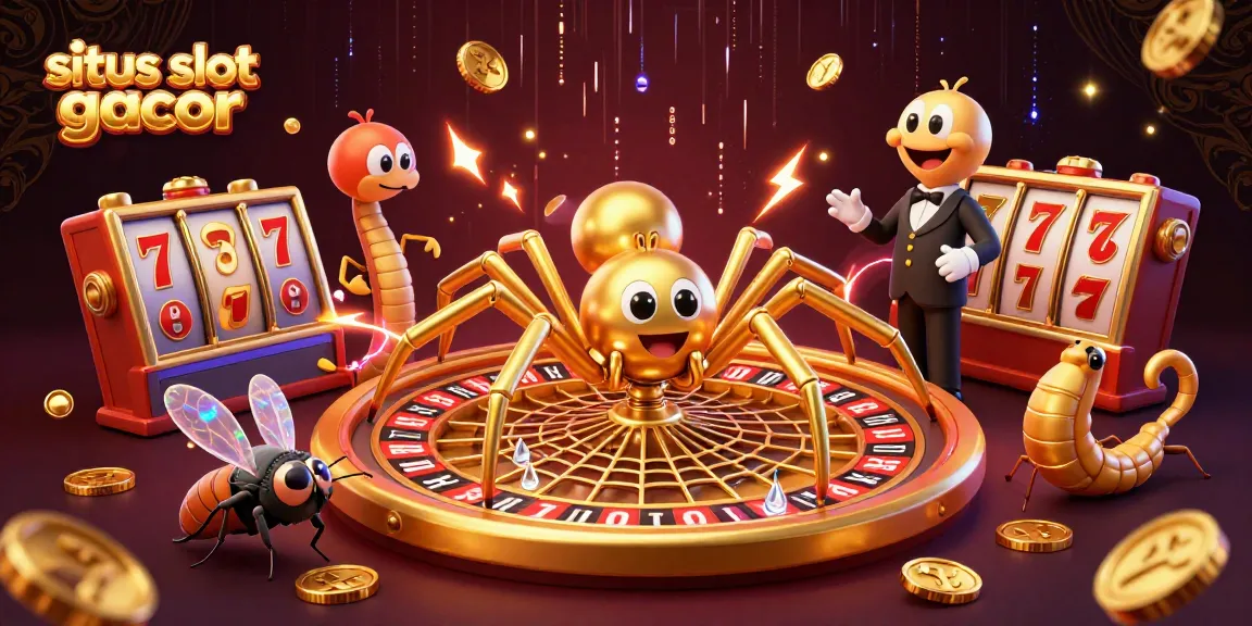 Engage with situs slot gacor, showcasing a vibrant scene of 3D spider and centipede amidst dynamic casino elements.
