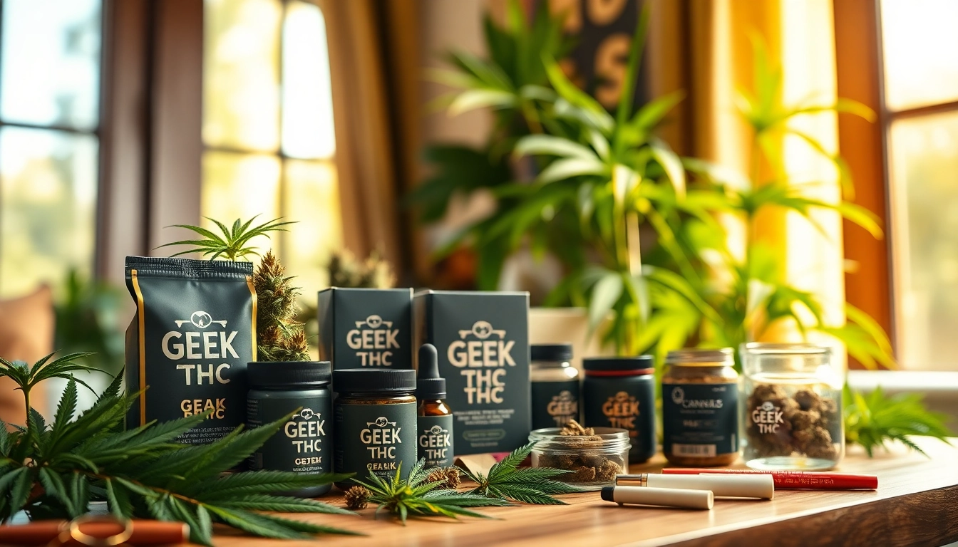 Engaging showcase of GEEK THC products in a cozy setting with vibrant greenery.