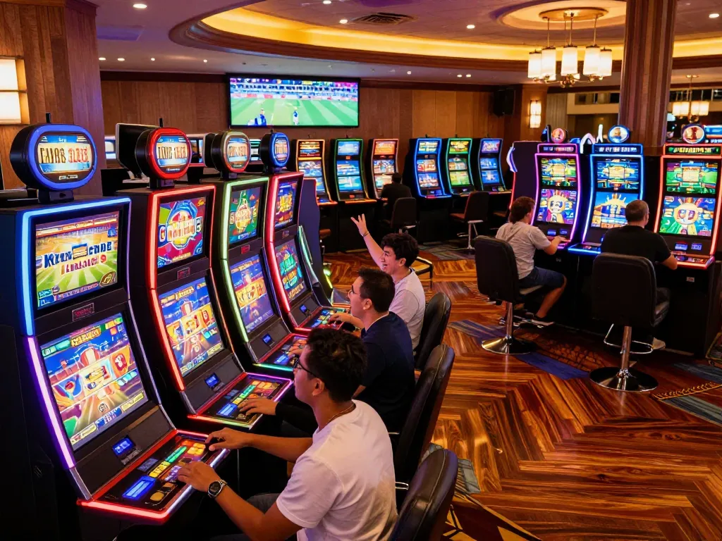 Experience thrilling gameplay at 32win with colorful slot machines and excited players.
