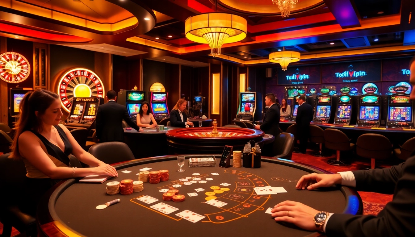 Topvin casino gaming scene with poker table and roulette wheel