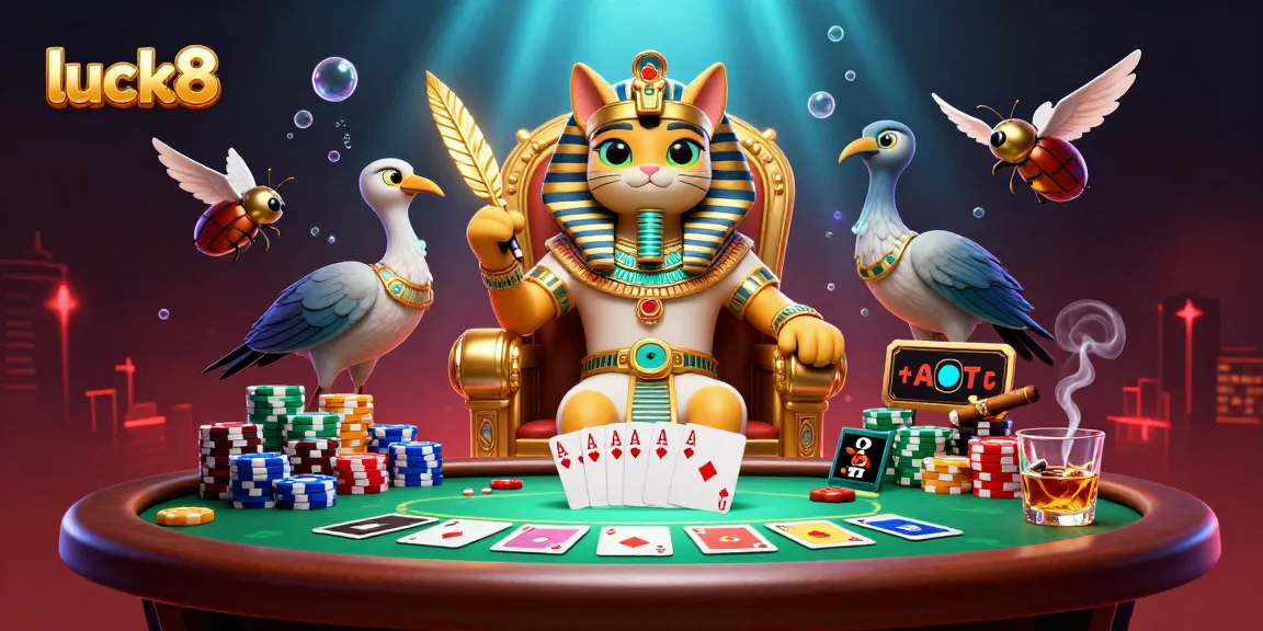 Engage lucky players at luck8 with vibrant poker action and Egyptian-themed characters in an immersive casino setting.