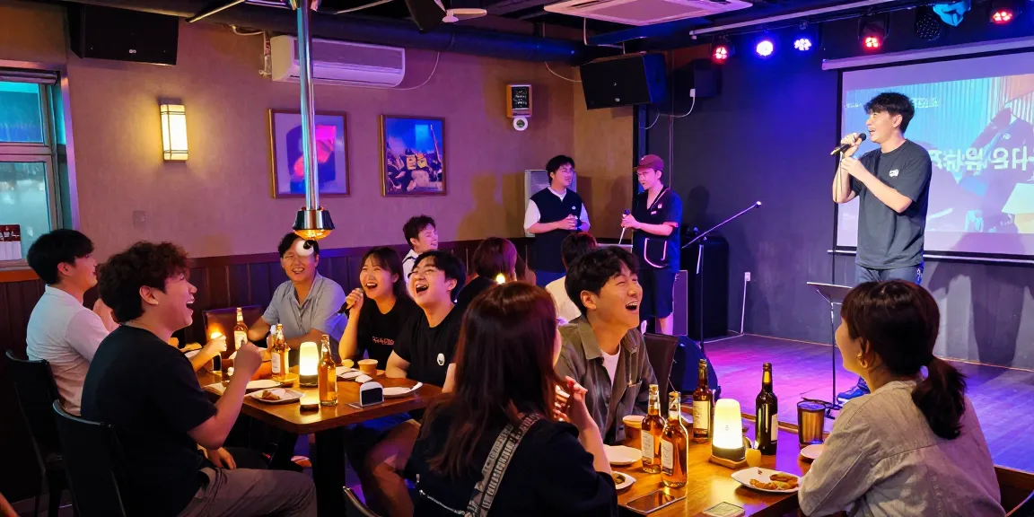 제주유흥의 밤, 친구들과 즐기는 노래방의 활기찬 순간을 포착한 이미지