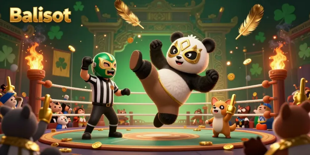Balislot showcases an exciting 3D wrestling scene with a panda performing a flying kick amidst vibrant casino elements.