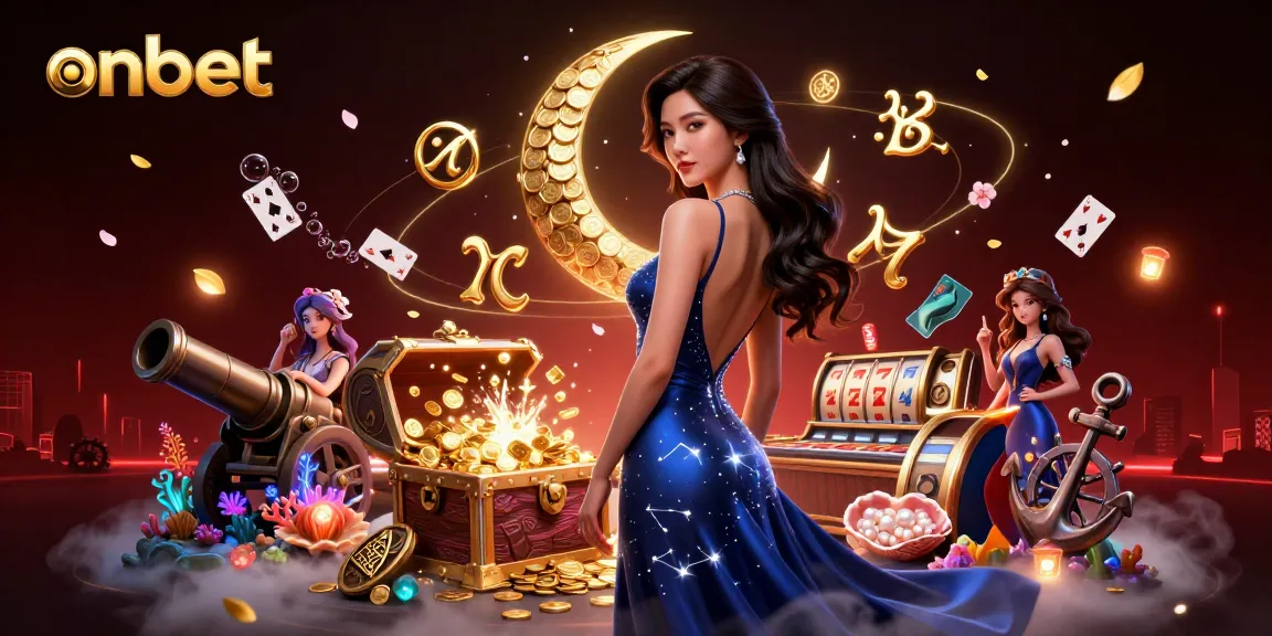 Experience thrilling gameplay at onbet with a stunning Asian woman amidst casino elements and treasures.