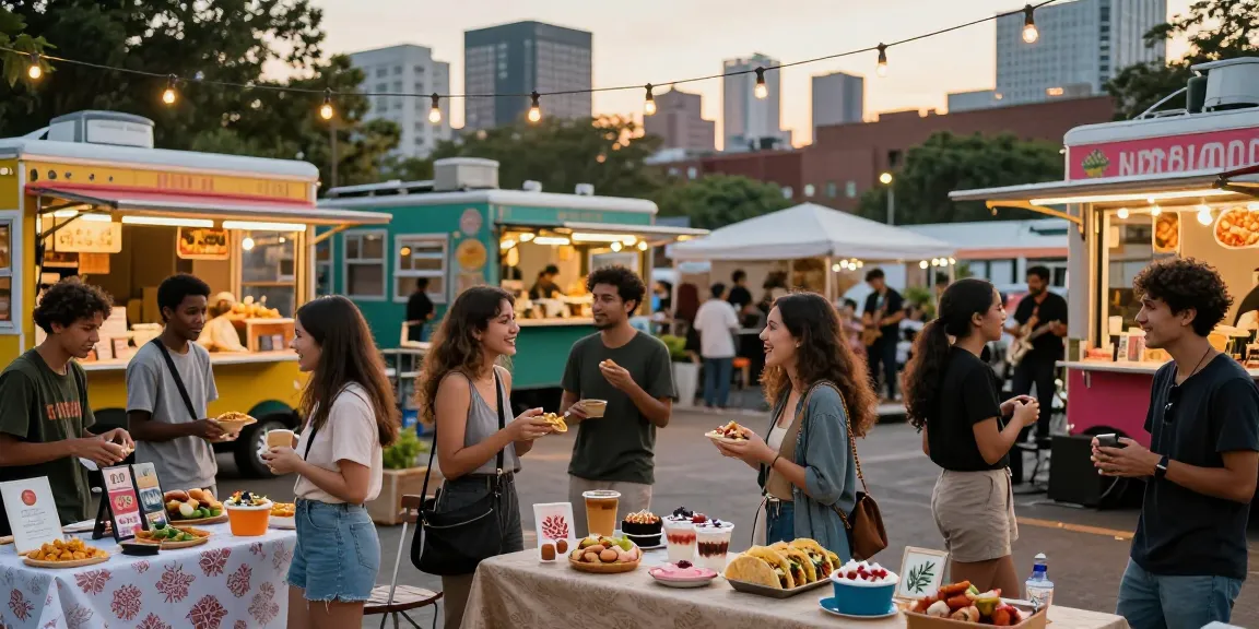 Rokok88 community event at a bustling marketplace with diverse food trucks.