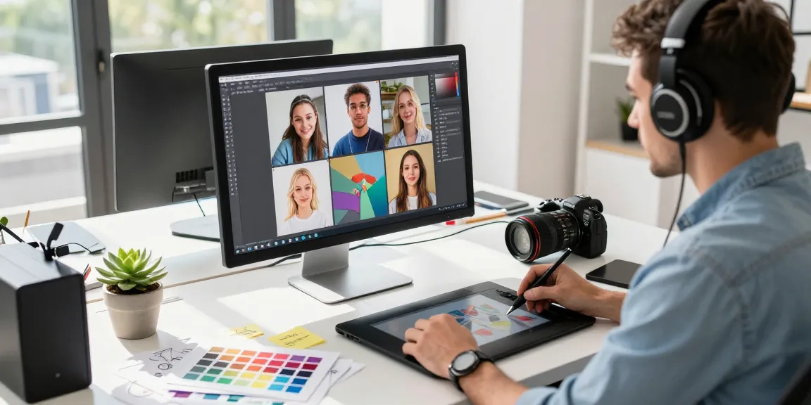 Transforming images to text prompts in a modern tech workspace with bright natural light and creative clutter.