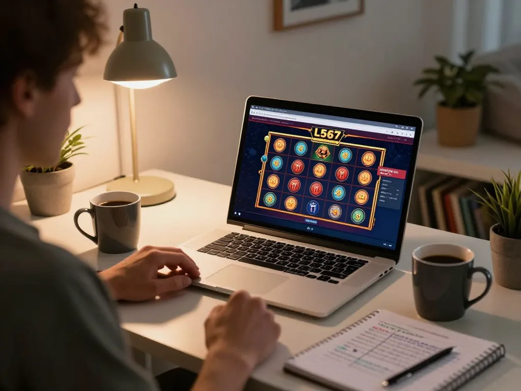 L567 player engaged in online slots, cozy home gaming setup with strategies and warm lighting.