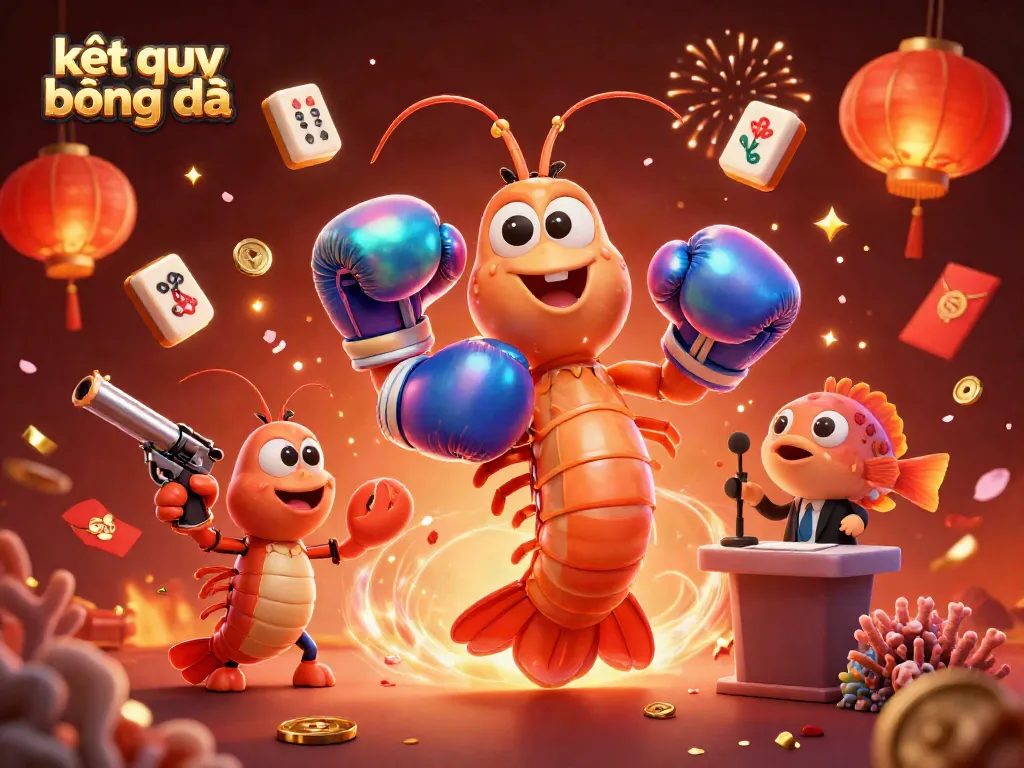 Immersive 3D illustration showcasing kết quả bóng đá with vibrant shrimp characters and festive casino elements.
