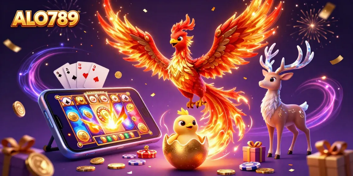 Experience the thrill of ALO789 with vibrant colors and dynamic casino elements featuring a fire phoenix, baby phoenix, and stag.