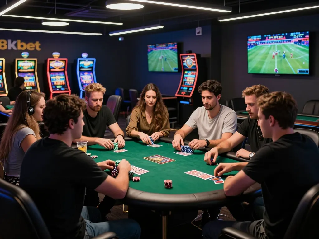 Engaged group enjoying a dynamic poker game at 8kbet lounge with vibrant gaming atmosphere.