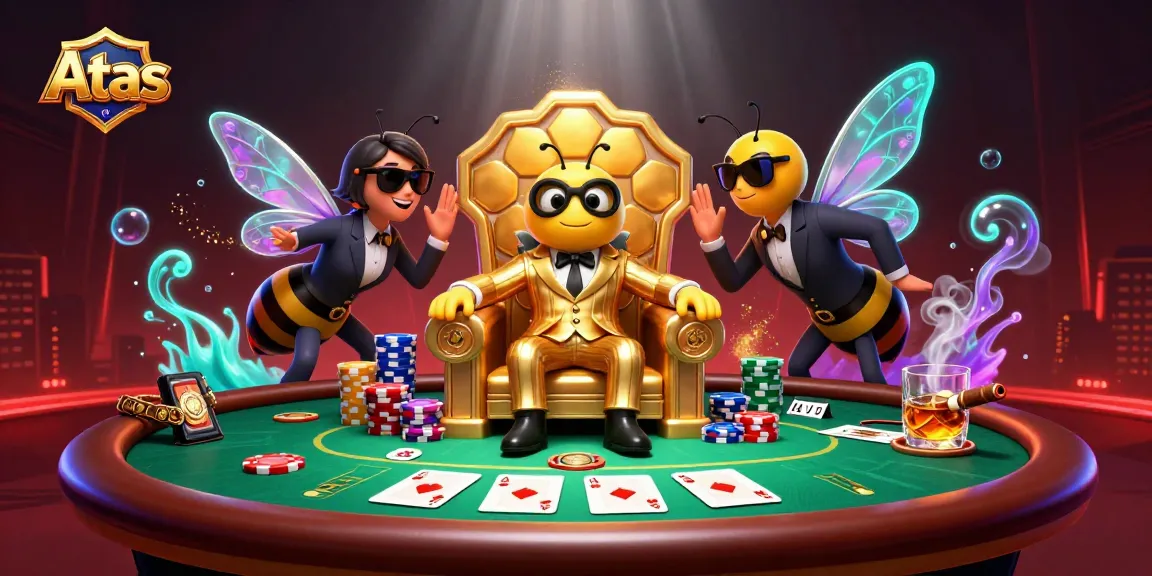 Engage in strategic poker play with Atas Casino, featuring vibrant characters and dynamic game elements.