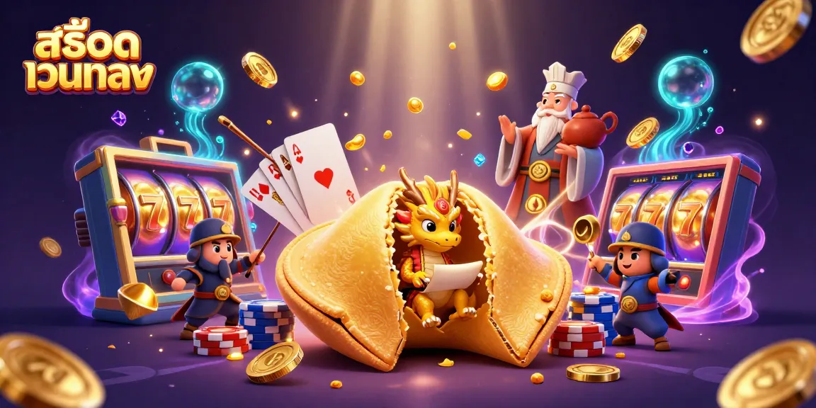 Experience excitement with สล็อตเว็บตรง as golden coins shower down around a giant fortune cookie and a wise dragon.