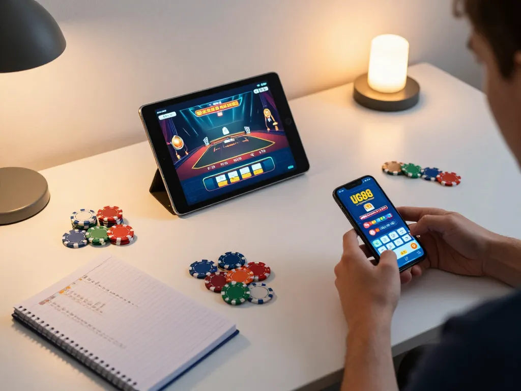 Players engaging in online gambling at UG88 casino with vibrant gaming setup and strategic notes