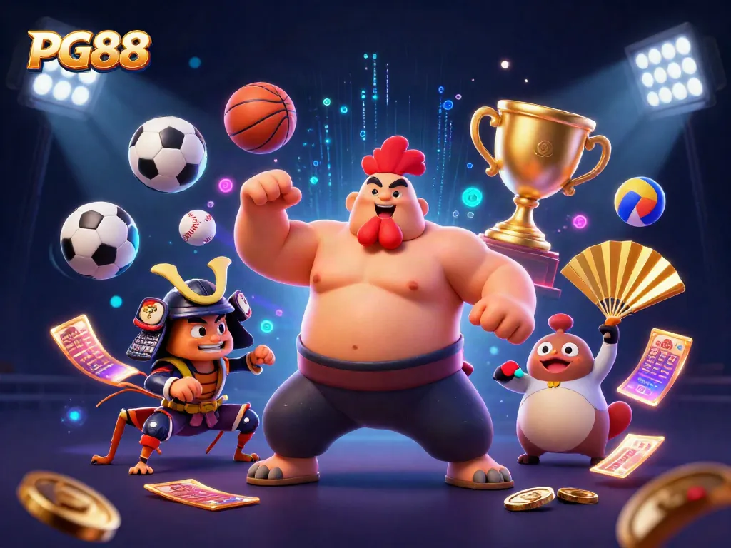 Witness PG88's exciting gaming atmosphere with a powerful rooster wrestler, samurai cricket, and vibrant sports elements.