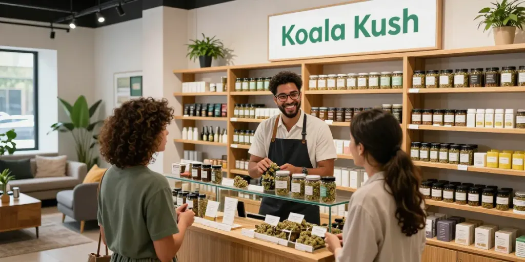 Koala Kush flower displayed in a vibrant cannabis dispensary