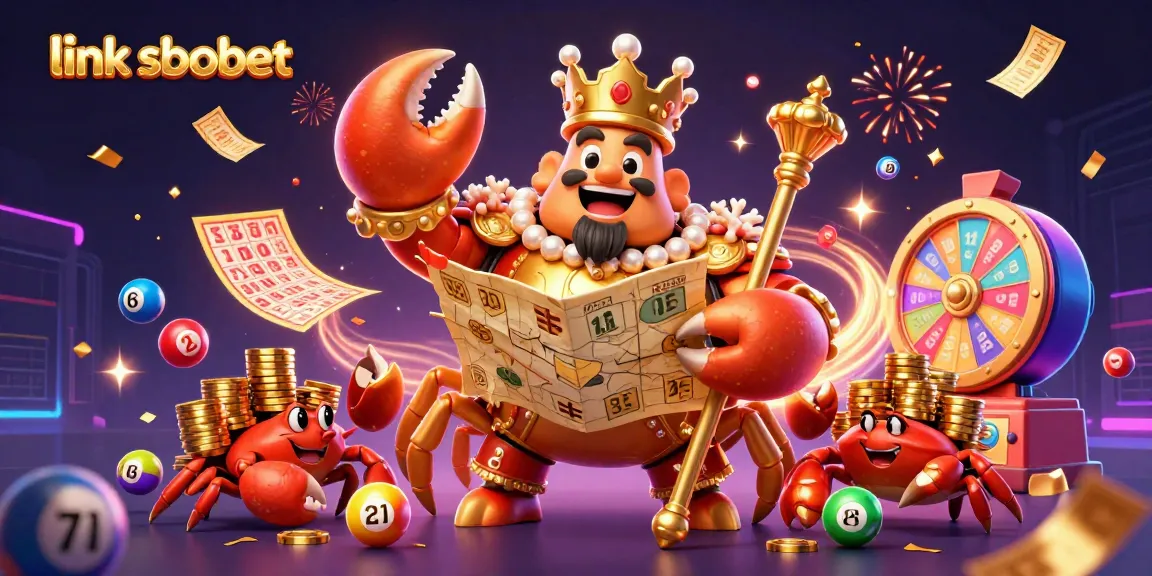 Engage in thrilling fun with link sbobet as colorful lottery balls and prizes animate around a golden crab emperor.