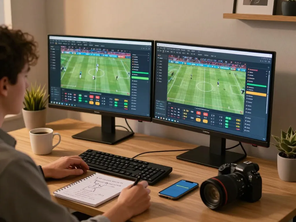 Engaging in sports betting on fly88 with live odds displayed on dual monitors during an evening session