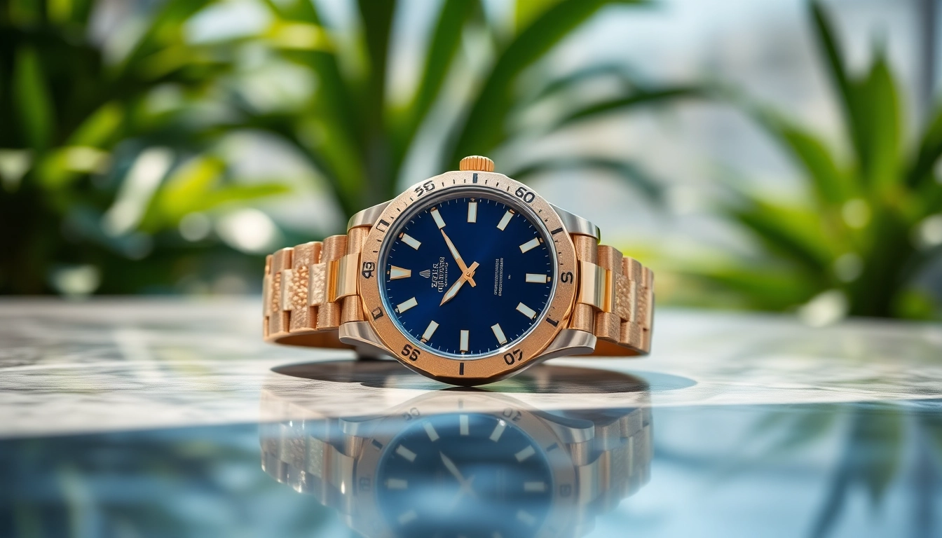 Admire this stunning rolex replica with shimmering details, elegantly placed on a marble surface.