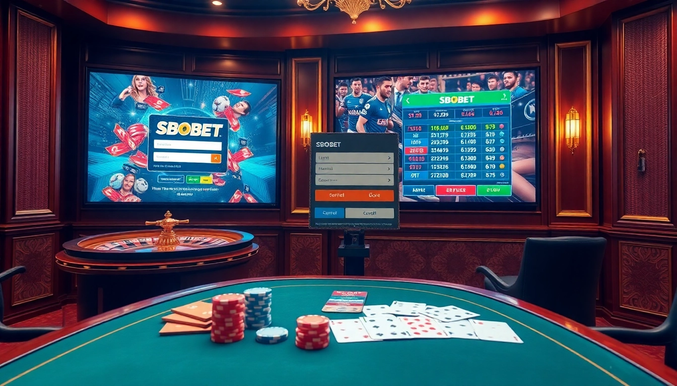 SBOBET login interface with luxury casino setup featuring poker chips and roulette wheel.
