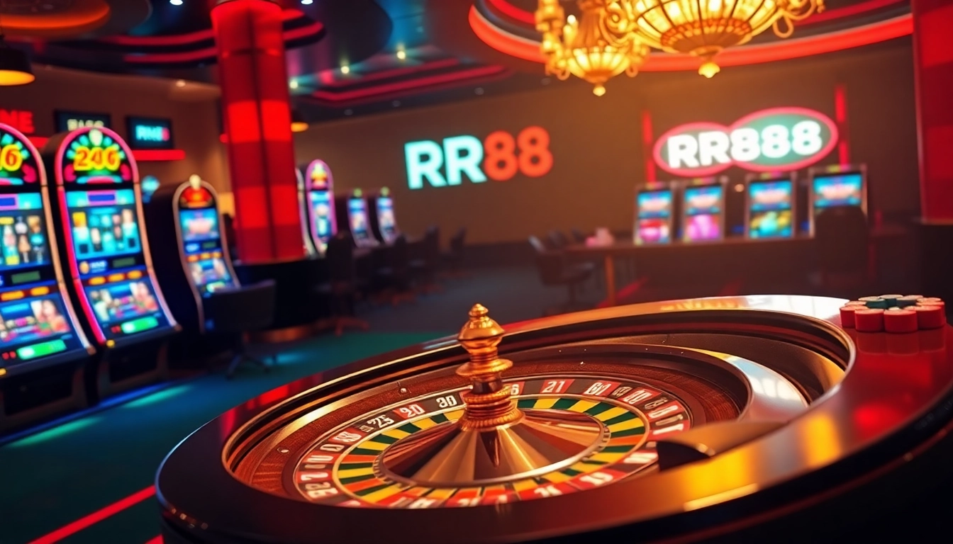 Experience thrilling gaming action at RR88's vibrant casino with roulette and lively slot machines.