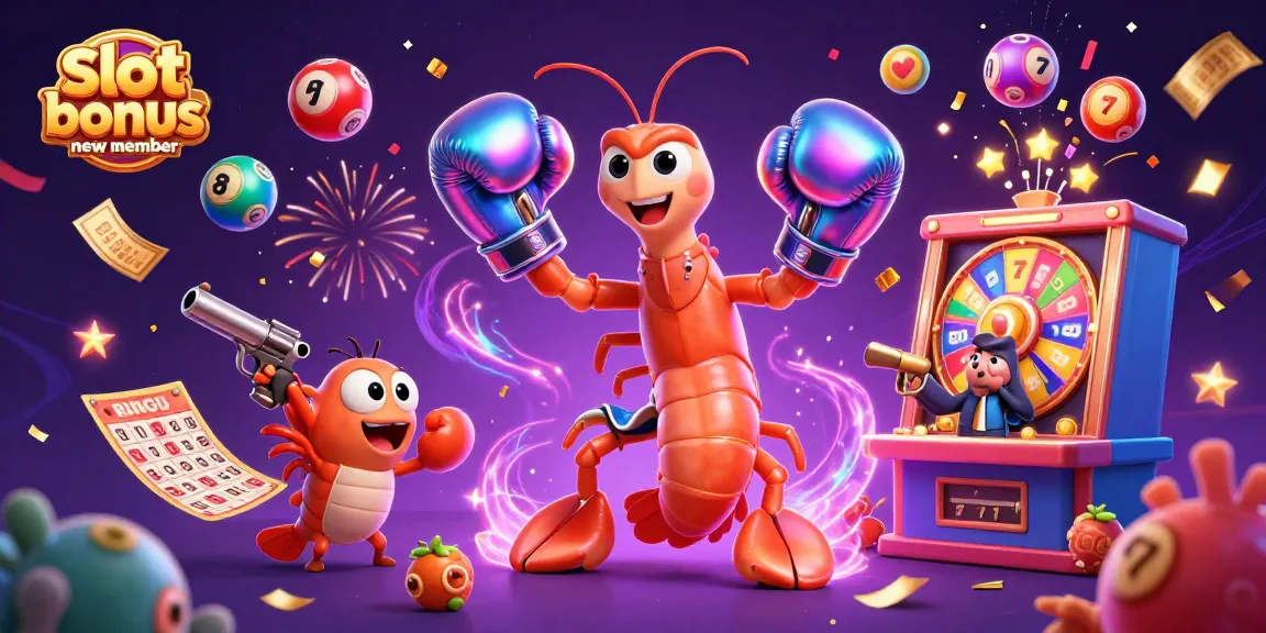Engage with the vibrant scene featuring a slot bonus new member with playful characters in a celebratory casino background.