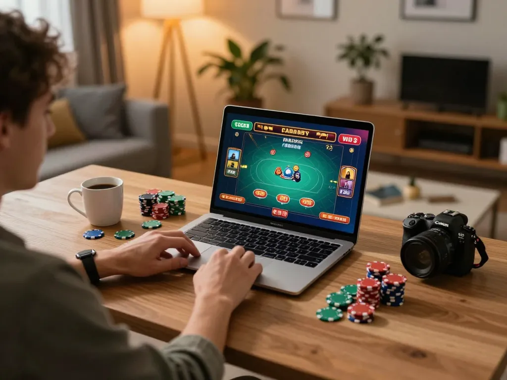 Player enjoying online gaming at home through tr88it, surrounded by poker chips and warm lighting.