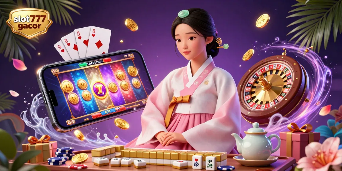 Engage with slot777 gacor through an elegant scene showcasing a serene Asian woman amid vibrant slot game elements and tropical decor.