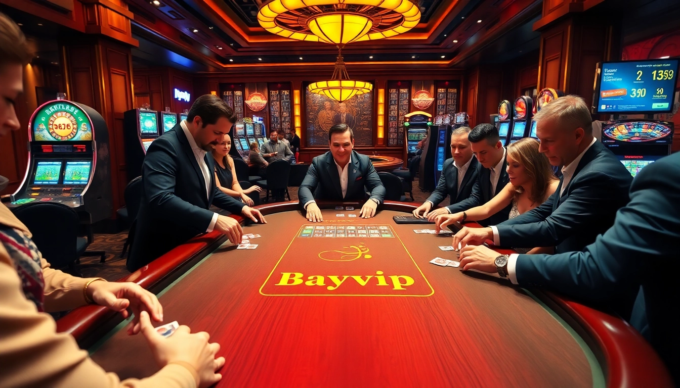 Experience the thrilling action of Bayvip at a luxurious poker table with enthusiastic players.