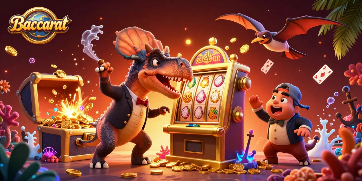 Baccarat strategy illustrated with a dino interacting with a slot machine while coins fly around