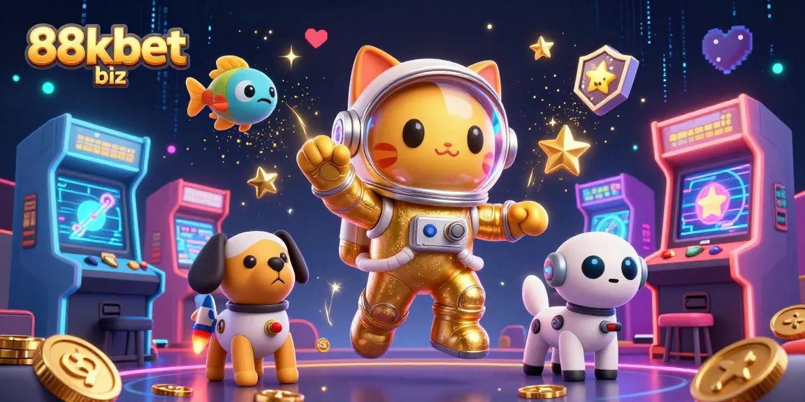 Join the cosmic adventure of 88kbet biz with a space cat and robot dog in an exciting gaming scene!