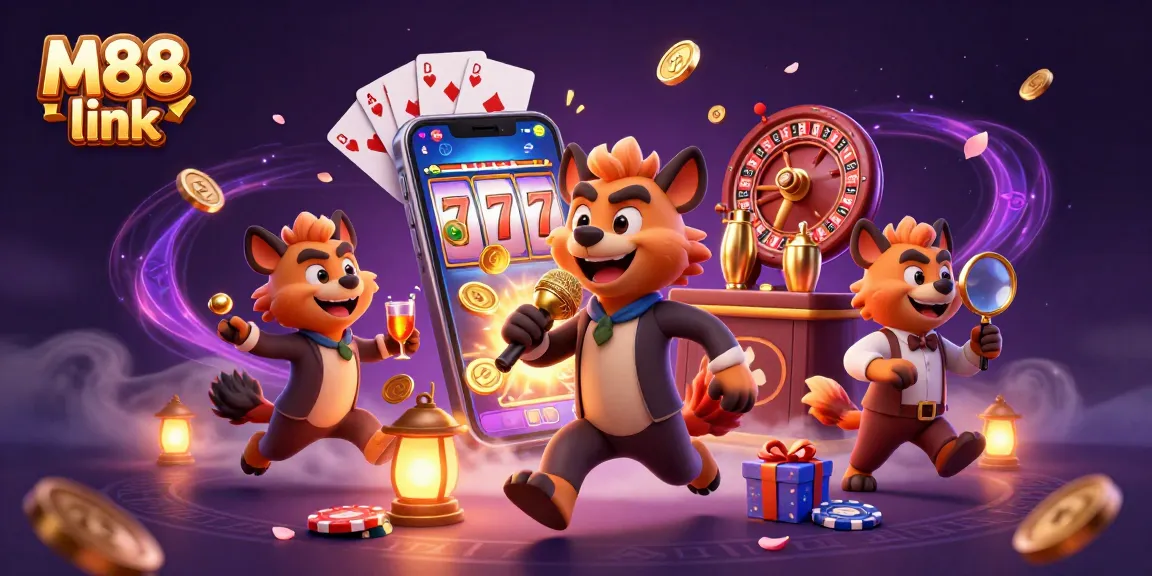 M88 link features lively hyenas at a dynamic casino club mixing drinks and telling jokes, embodying the excitement of gambling.