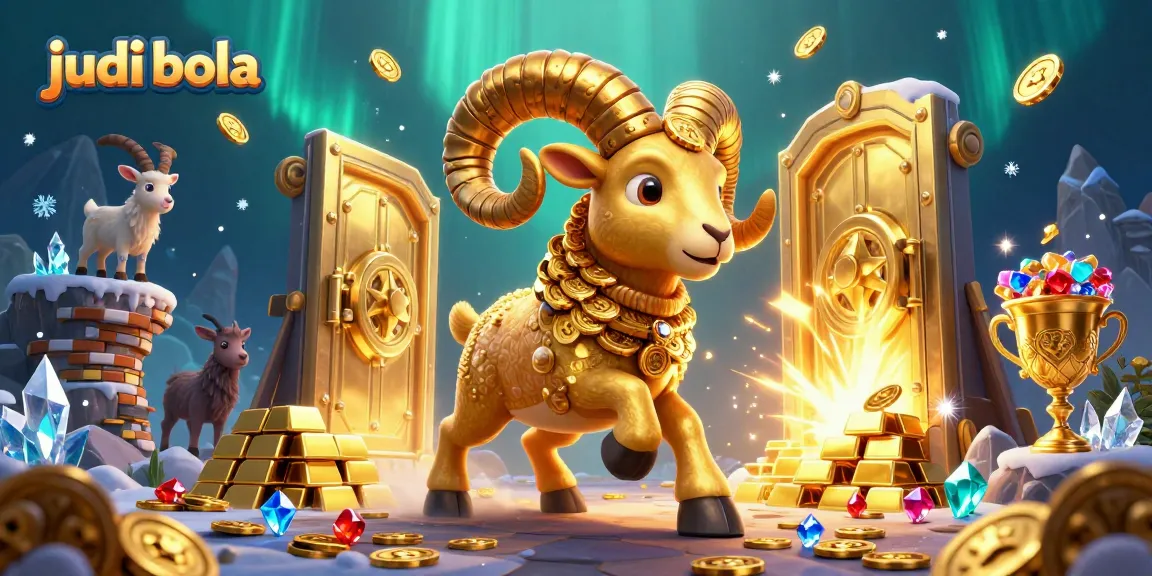 Experience thrilling judi bola victories with dynamic elements and gold treasures in this vibrant illustration.