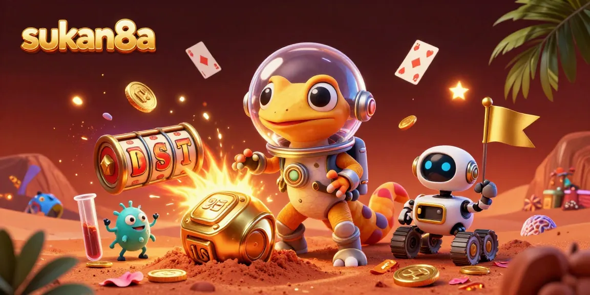 Sukan8a showcases a 3D cartoon Martian gecko exploring a vibrant casino, symbolizing thrilling slot game adventures.