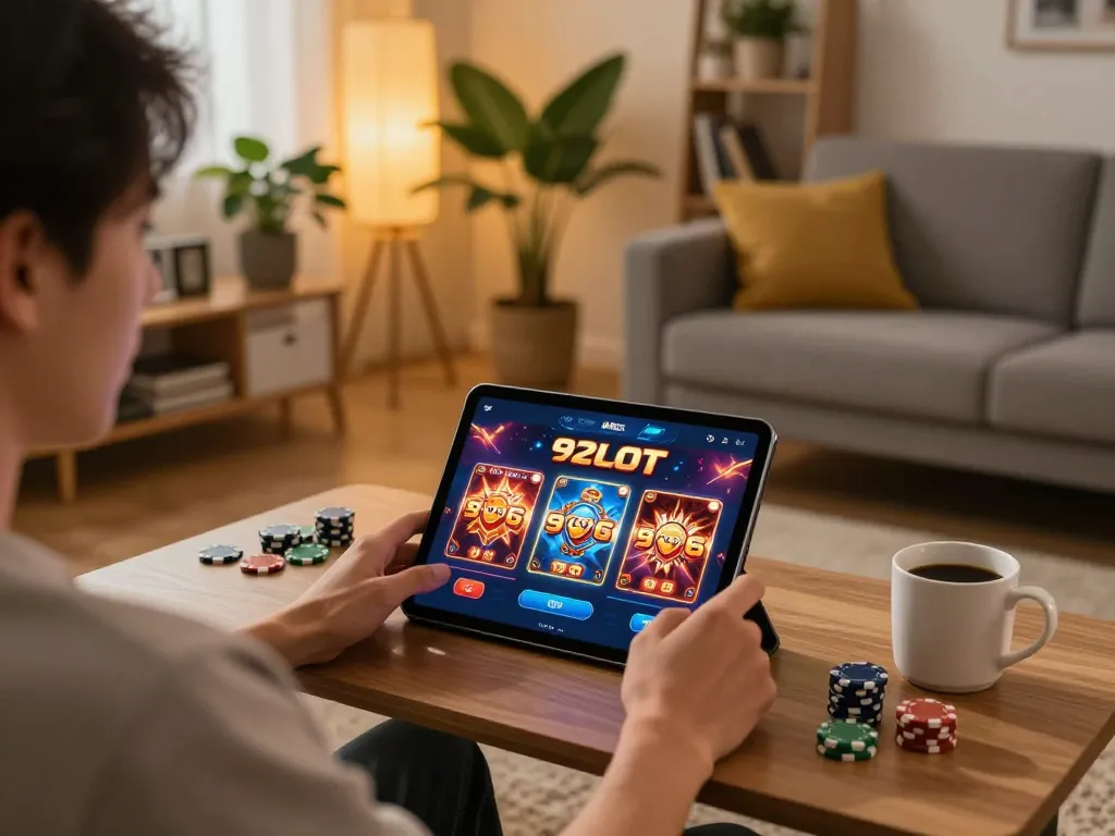 Engaging with the 92slot casino app on a tablet in a cozy living room setting
