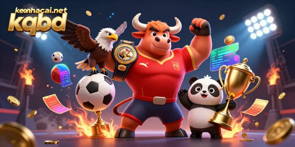 Cheerful victory scene featuring keonhacai.net kqbd with a bull mascot, eagle, and panda celebrating amidst vibrant sports elements.