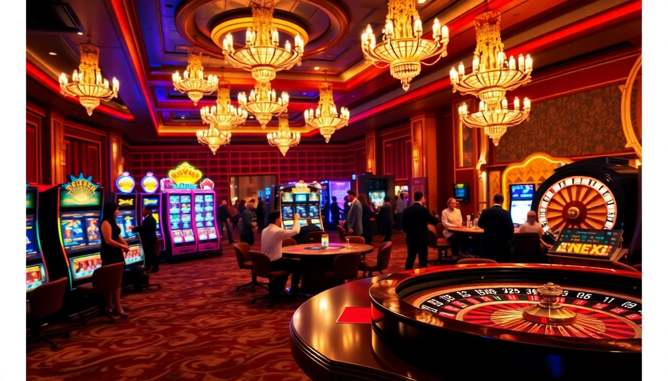 A bustling casino scene with players at poker tables and slot machines, highlighting nhà cái vmax promotions.