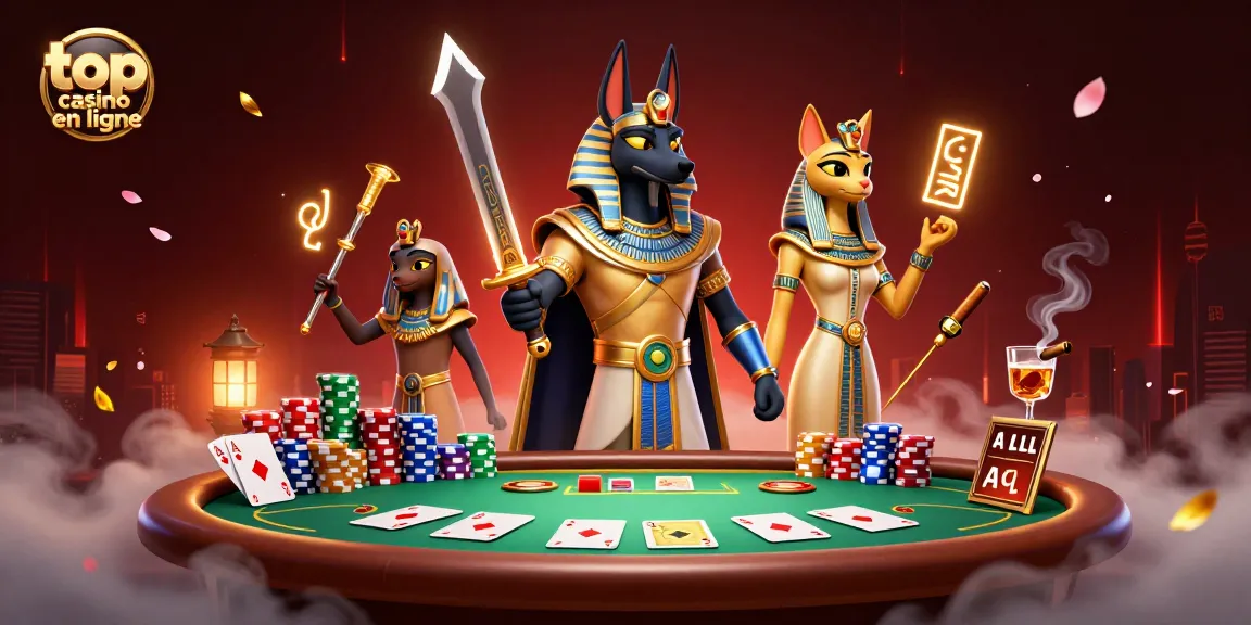 Jouez à top casino en ligne avec Anubis et Bastet entourés de jetons et de cartes