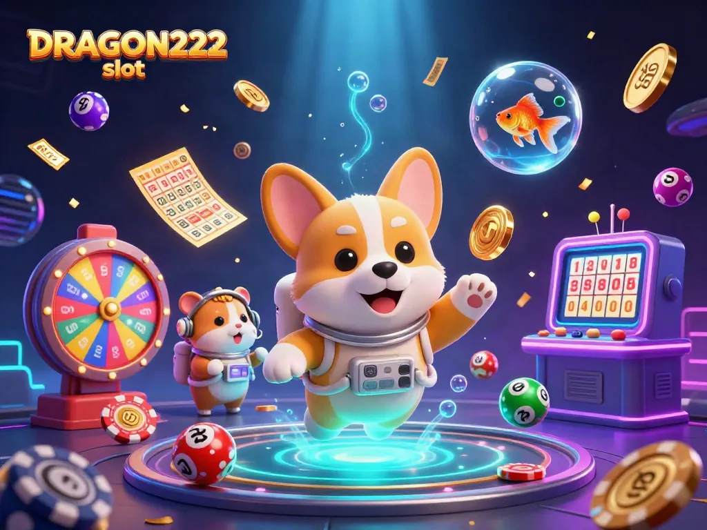 Experience the excitement of the DRAGON222 slot with a vibrant casino scene filled with floating characters and thrilling elements.
