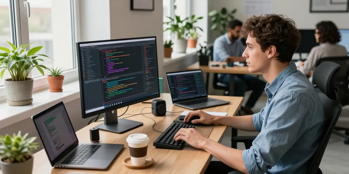 Innovative workspace showcasing a programmer working on 纸飞机中文版 coding in a modern office.