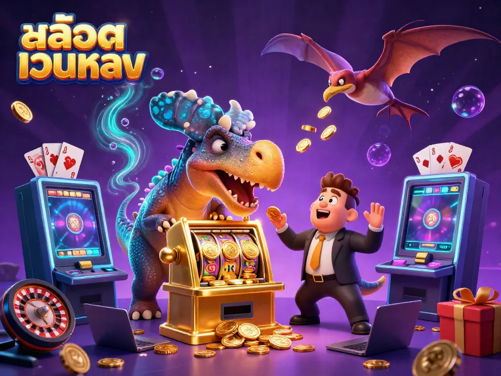 Winning coins explode from a golden slot machine in a vibrant สล็อตเว็บตรง casino scene with animated dinosaurs.