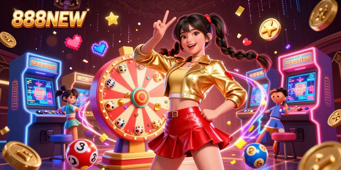 Win big with 888NEW in this festive casino scene full of bright lottery balls and fun.