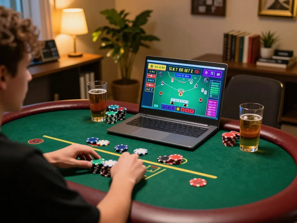 Person enjoying betbet blackjack on a laptop at home, surrounded by chips and drinks, in a cozy atmosphere.