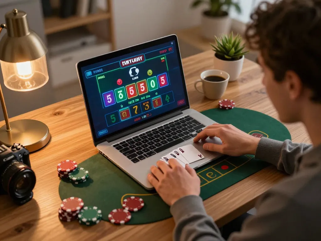 Playing blackjack at home on a laptop, highlighting casino online stranieri engagement.