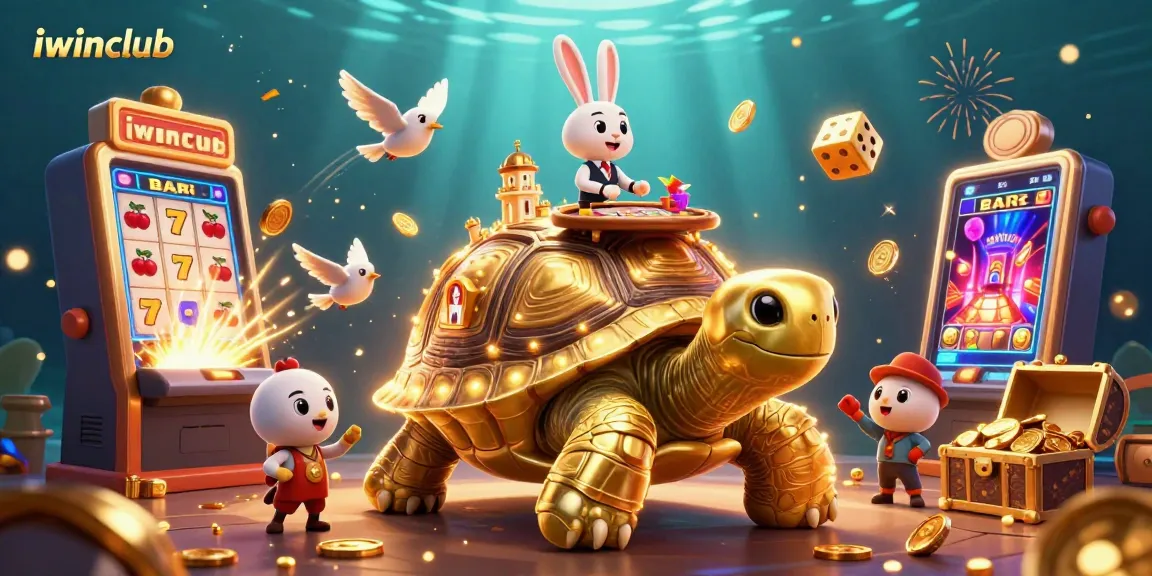 Play exciting iwinclub games with a dynamic scene featuring a golden tortoise and thrilling casino elements.