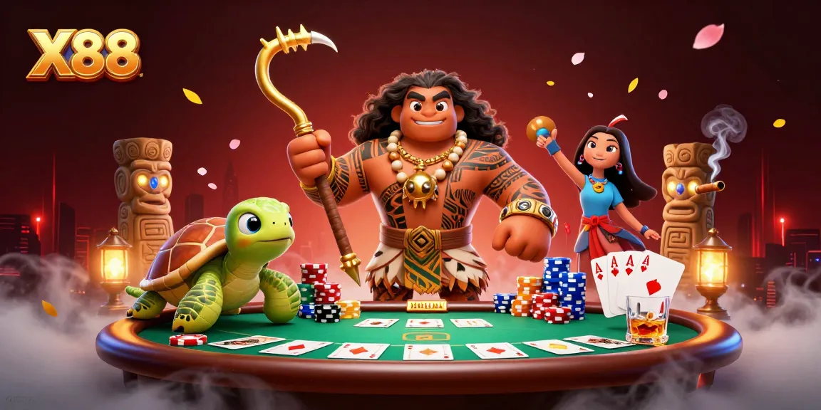 X88 poker scene with a demigod hawk and turtle amid vibrant casino elements, showcasing thrilling gameplay.