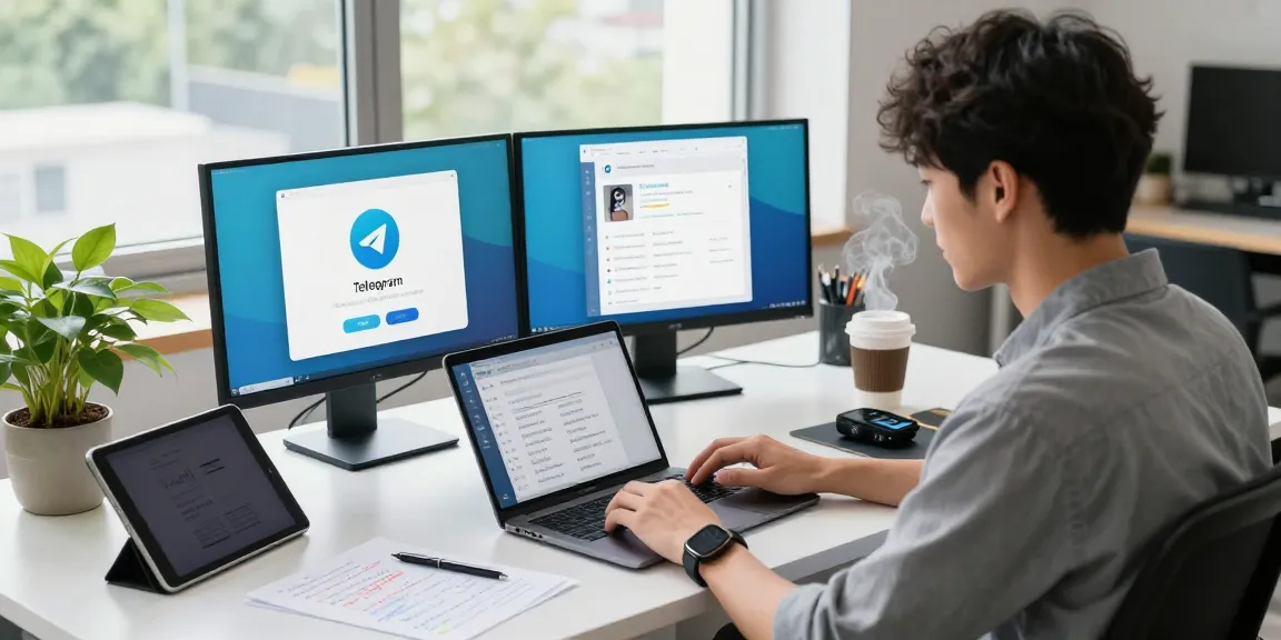 Young professional using telegram中文版 on dual screens in a modern workspace